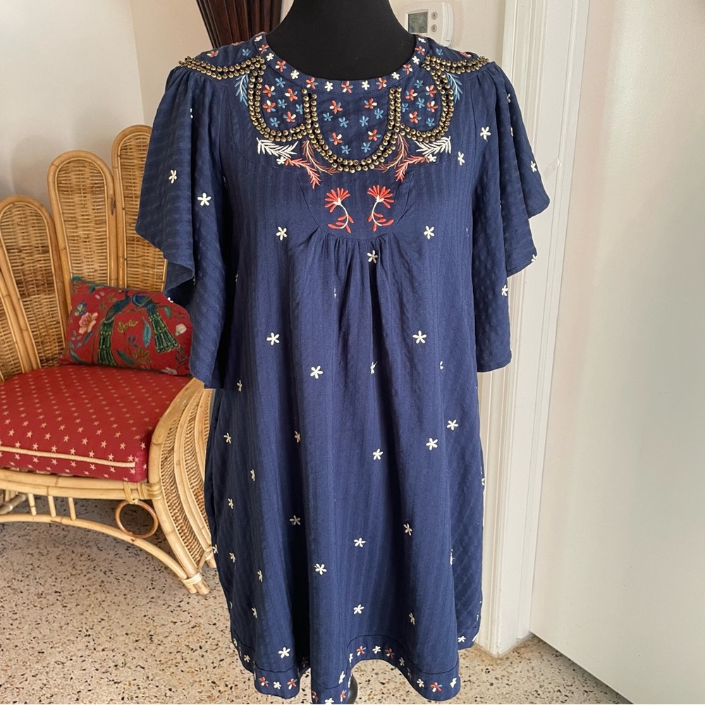 ANTHROPOLOGIE Blue Embroidered Dress with Flutter Sleeves. Lined. Pockets. Sm - Picture 3 of 13